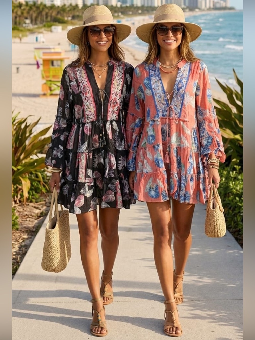 Tiered Floral Boho Dress - Black or Coral